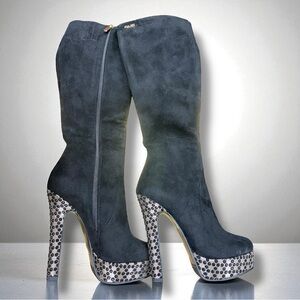 Elegant S.E.Lena Black Suede High Heel Platform Knee High Boots Size 35 (5)